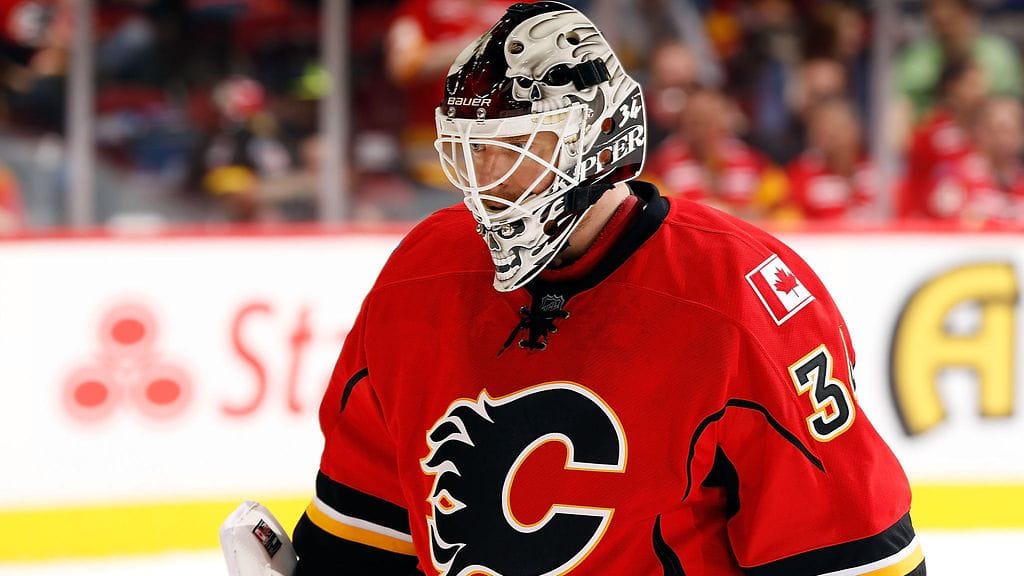 Miikka Kiprusoff Calgary Flamesin paidassa huhtikuussa 2013.