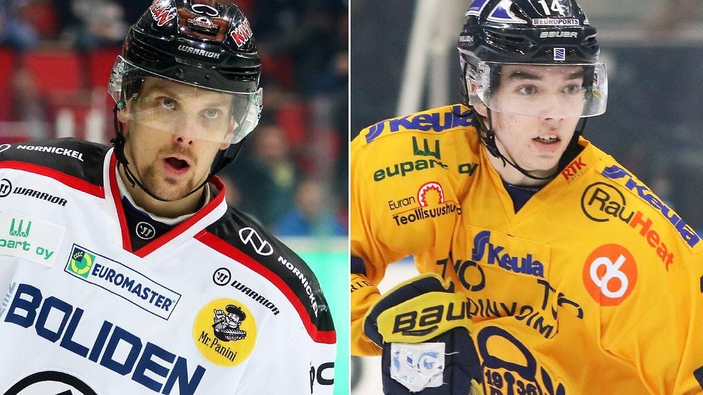 Ässien Mikko Salmio (vasemmalla) sai pelikieltoa poikittaisesta mailasta, jonka hän kohdisti Lukon puolustajaan Ville Heinolaan (oikealla) joukkueiden välisessä lauantain kohtaamisessa.