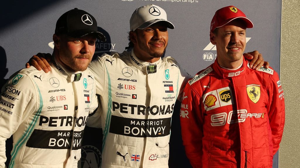 Valtteri Bottas, Lewis Hamilton ja Sebastian Vettel.
