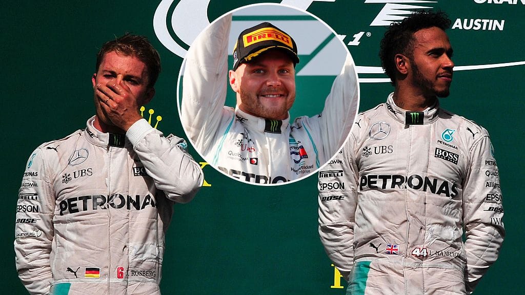 Myhäilevä Valtteri Bottas keskellä, vuoden 2016 riitapukarit Nico Rosberg (vasemmalla) ja Lewis Hamilton (oikealla) vieressä.