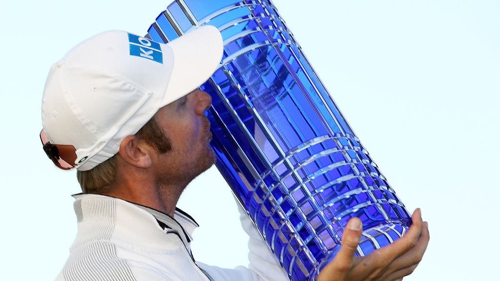 Mikko Ilonen juhli vuonna 2014 golfin Euroopan kiertueen reikäpelin mestaruutta Lontoossa.