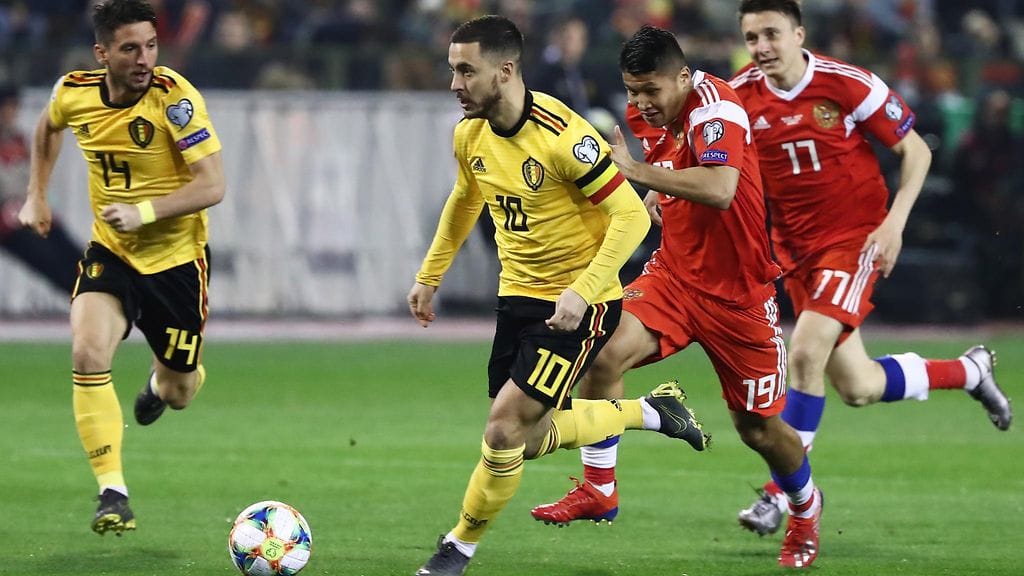 Eden Hazard oli mahdoton pideltävä Venäjälle EM-karsintojen avauksessa Brysselissä.