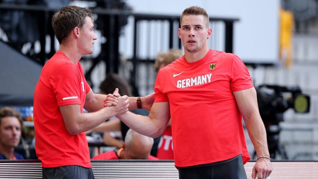 Thomas Röhler ja Johannes Vetter yleisurheilun Berliinin EM-kilpailuissa.