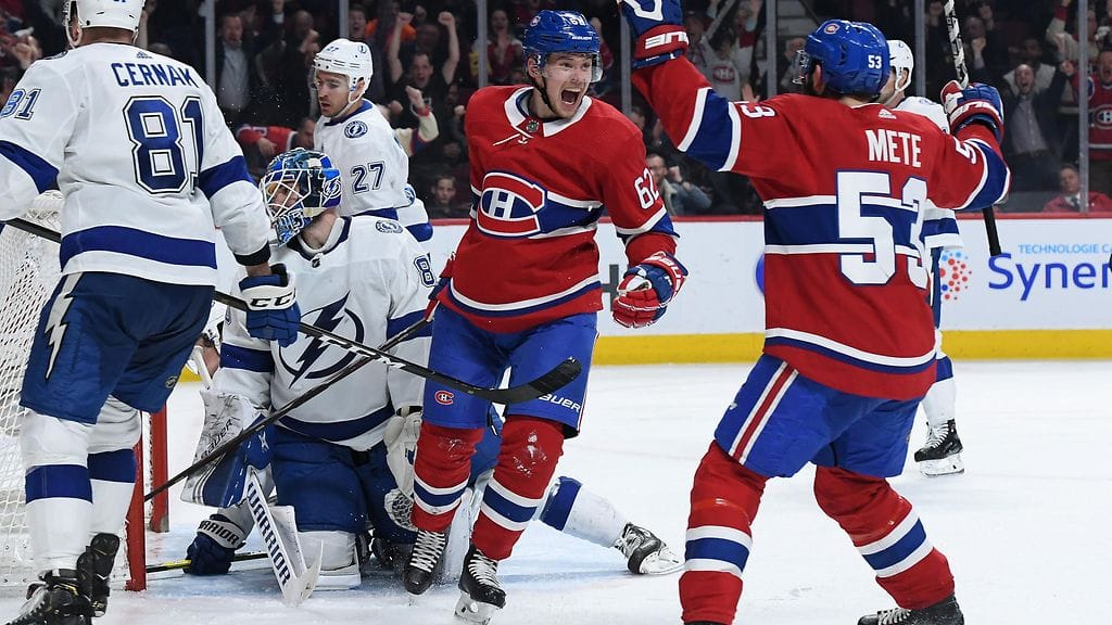 Artturi Lehkonen teki Montreal Canadiensin voittomaalin Tampa Bay Lightningia vastaan.