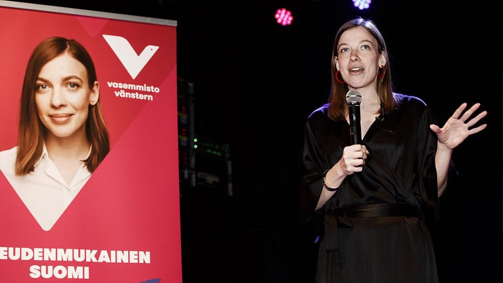 Vasemmistoliiton puheenjohtaja Li Andersson vaali-iltana.