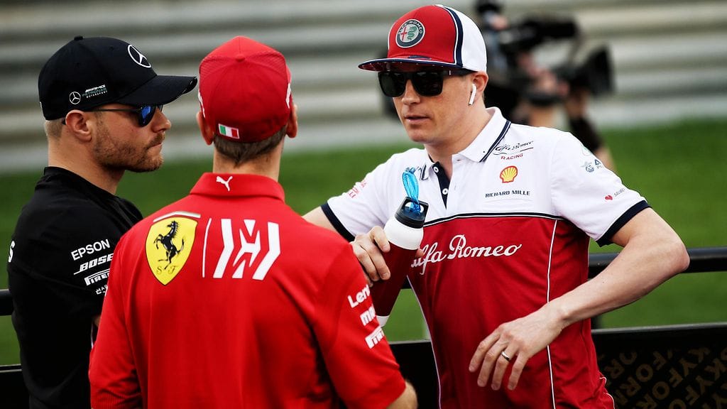 Valtteri Bottas, Sebastian Vettel ja Kimi Räikkönen Bahrainin GP:ssä maaliskuussa.