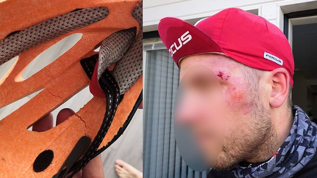 Pyöräilijän kaatuessa kypärään tuli halkeamia ja kasvoihin ruhjeita.