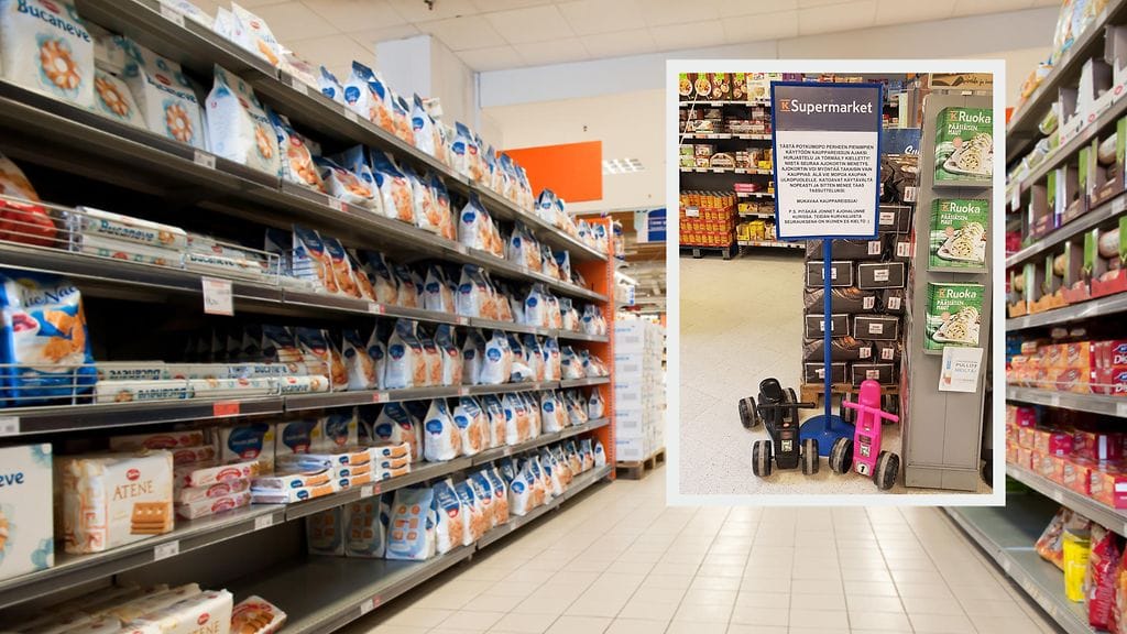 K-Supermarketin kauppias ilahduttaa lapsiasiakkaita hauskalla tempauksellaan.