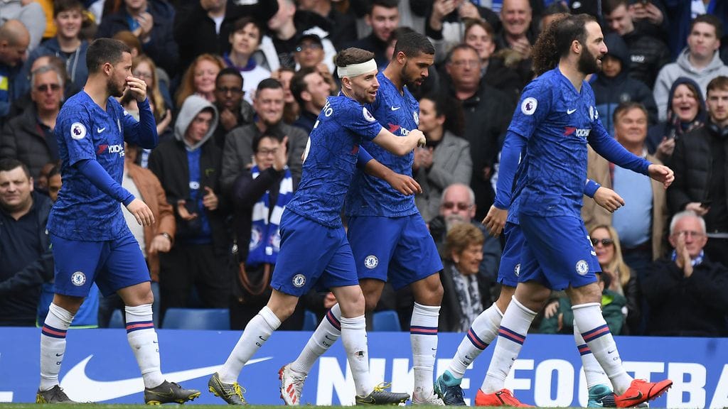 Chelsean pelaajat juhlivat Ruben Loftus-Cheekin iskemää maalia viime sunnuntaina pelatussa Watford-ottelusa.