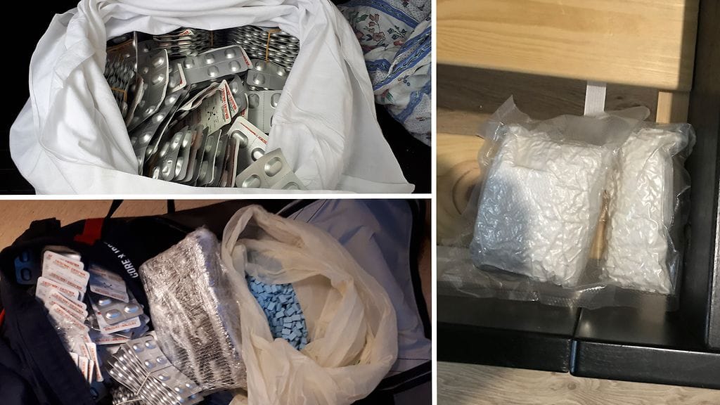 Poliisin kuvia takavarikoista. Vasemmalla Subutex-tabletteja ja ekstaasipillereitä, oikealla kokaiinia.