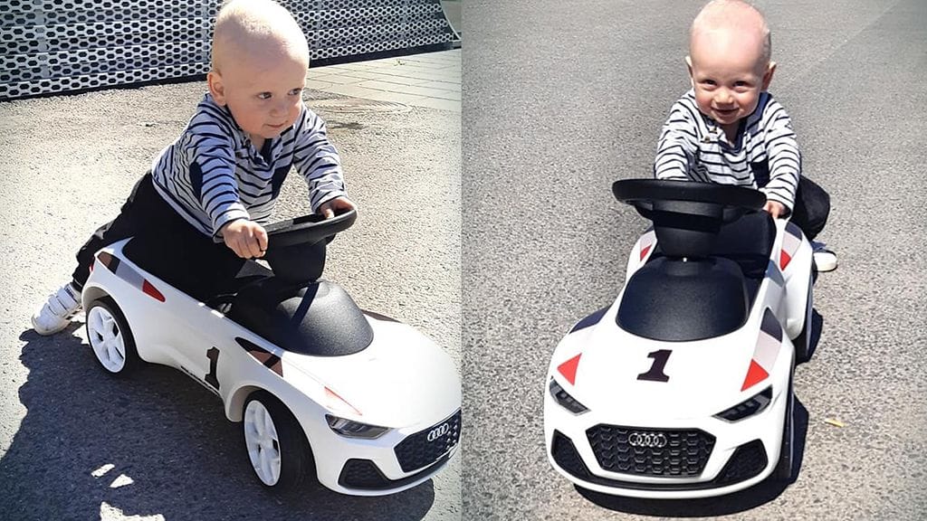 Nyt 1-vuotias Mio potkuttelee iloisesti uudella autolla. Kuvat: Mari Timonen