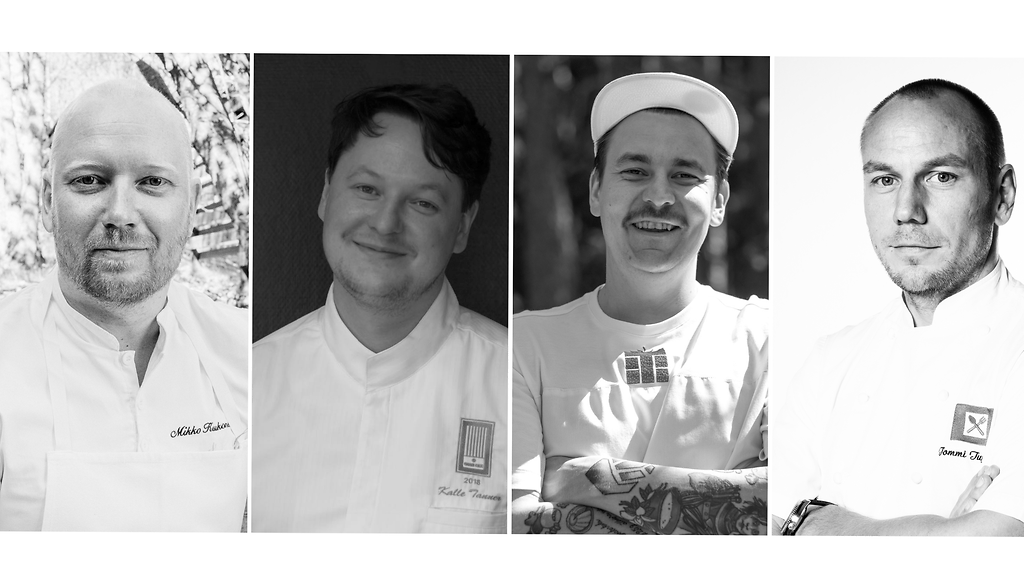 Bocuse d'Or -kilpailijat 2019: Mikko Kaukonen (kuva Santeri Stenvall), Kalle Tanner (kuva Oscar Granqvist) Erik Mansikka (kuva Antti Leino) ja Tommi Tuominen (kuva Lili Ermezei).