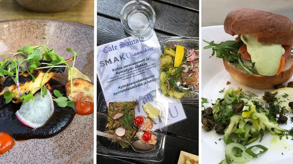 Maistiaisia Smaku Tour Naantalista: Kaivohuoneen kanavarras mämmi-bbq-kastikkeella, Cafe Santalan kylmäsavusilakkatartar ja silakka-annos perunasalaatilla sekä After Sail 714 -ravintolan lohiburger.