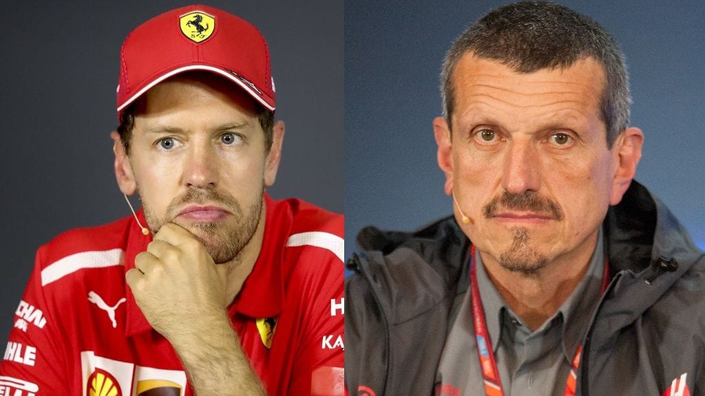 Sebastian Vettel (vasemmalla) ja Haas-pomo Günther Steiner (oikealla).