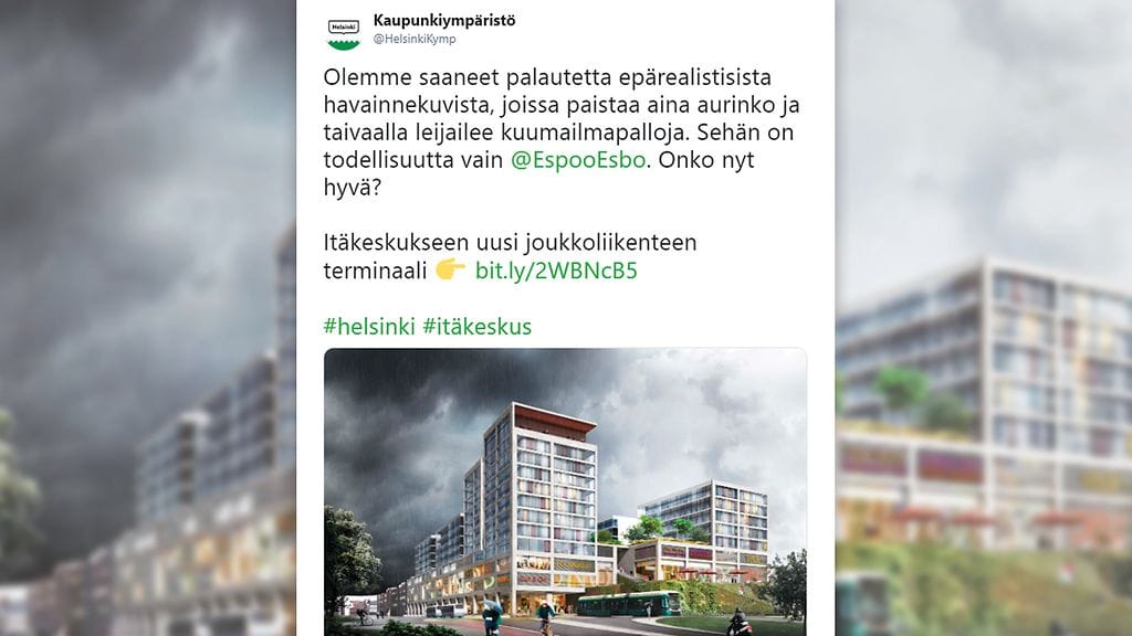 Havainnekuvassa sataa vettä ja sateenvarjot ovat tarpeen.