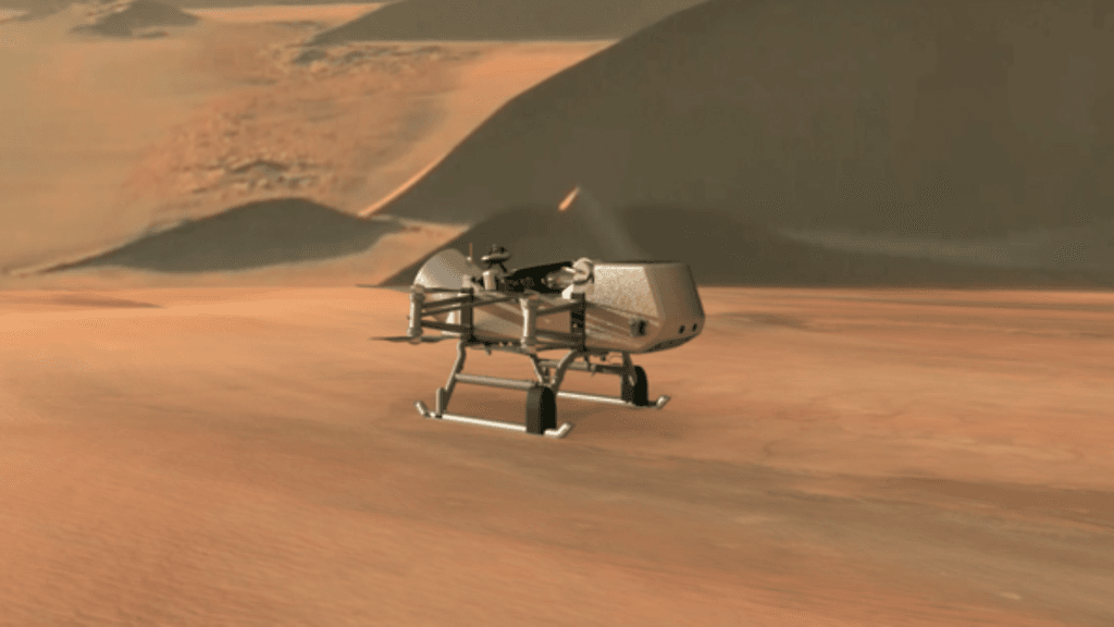 Taiteilijan näkemys Nasan Dragongfly-luotaimesta Titanissa.