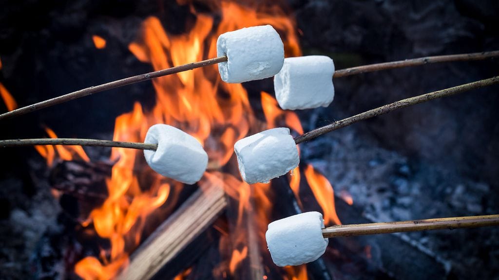 Vaahtokarkit sopivat hyvin nuotion ääressä paahdettaviksi.