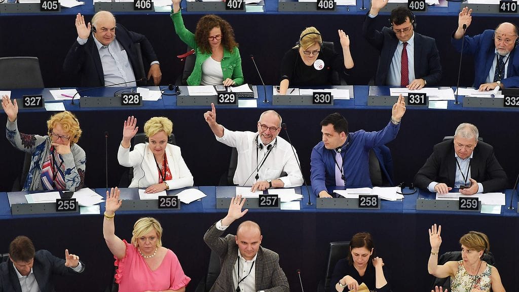 Elsi Katainen äänestämässä Euroopan parlamentissa 18 kesäkuuta, 2019.