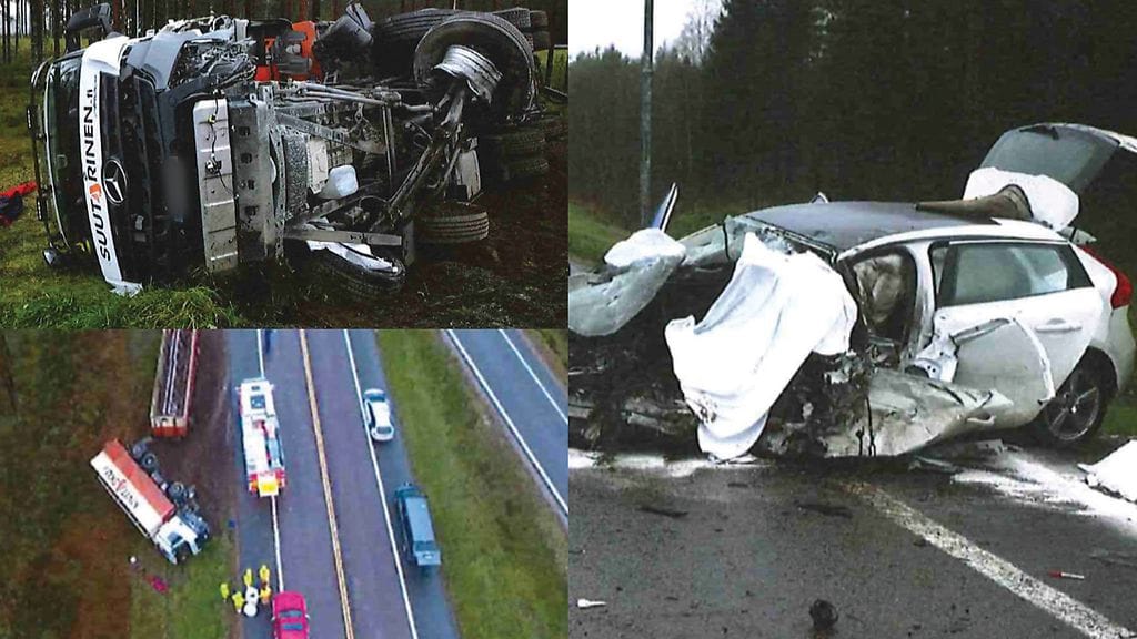 Mies tappoi itsensä ja vaimonsa kaahaamalla päin rekkaa Hollolassa – kuvat näyttävät nokkakolarin kamalat jäljet