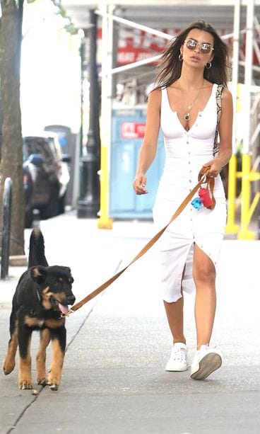 Emily Ratajkowski ulkoiluttaa koiraa elokuussa 2019