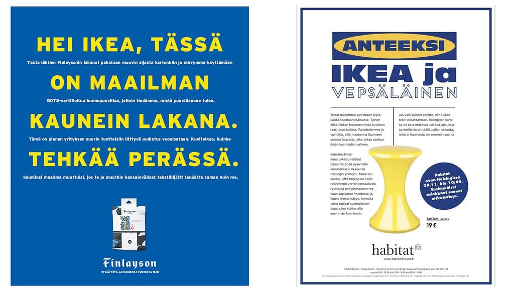 Finlaysonin uusi mainos ja Habitatin mainos vuodelta 2014.