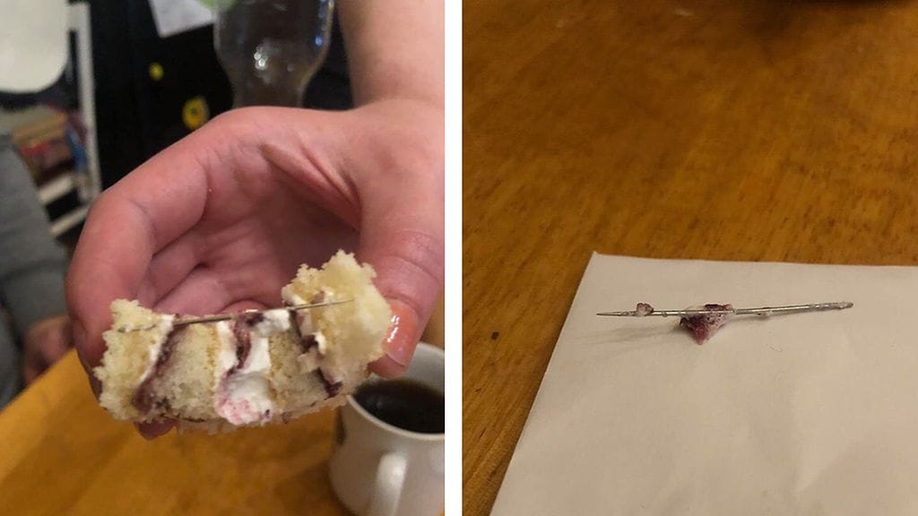 Perheen kahvihetki sai karmean käänteen, kun kääretortun seasta löytyi neula.