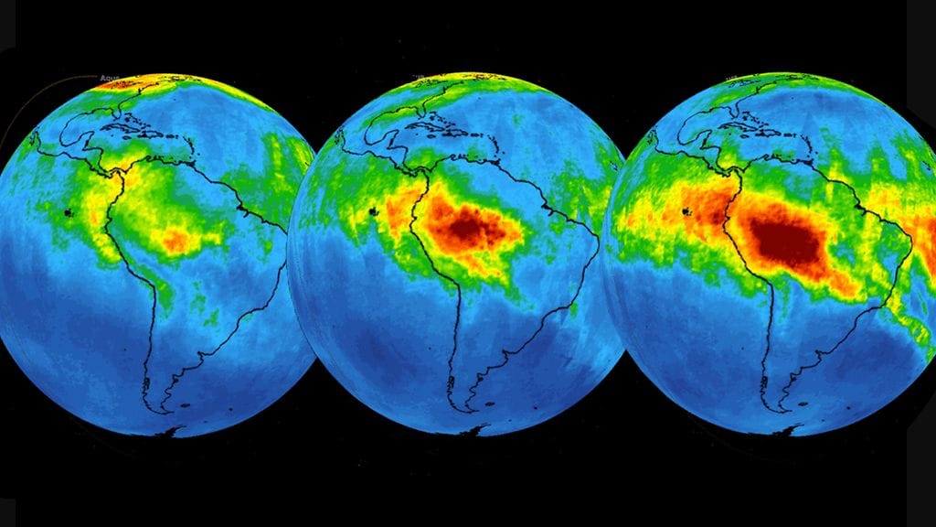 Häkä leviää NASA:n animaatiossa kahdessa viikossa laajalle alueelle Etelä-Amerikankin ulkopuolelle.
