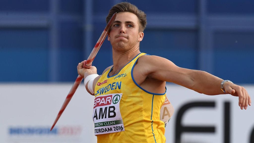 Kim Amb räväytti Ruotsi–Suomi-ottelun keihäänheitossa. Arkistokuva.