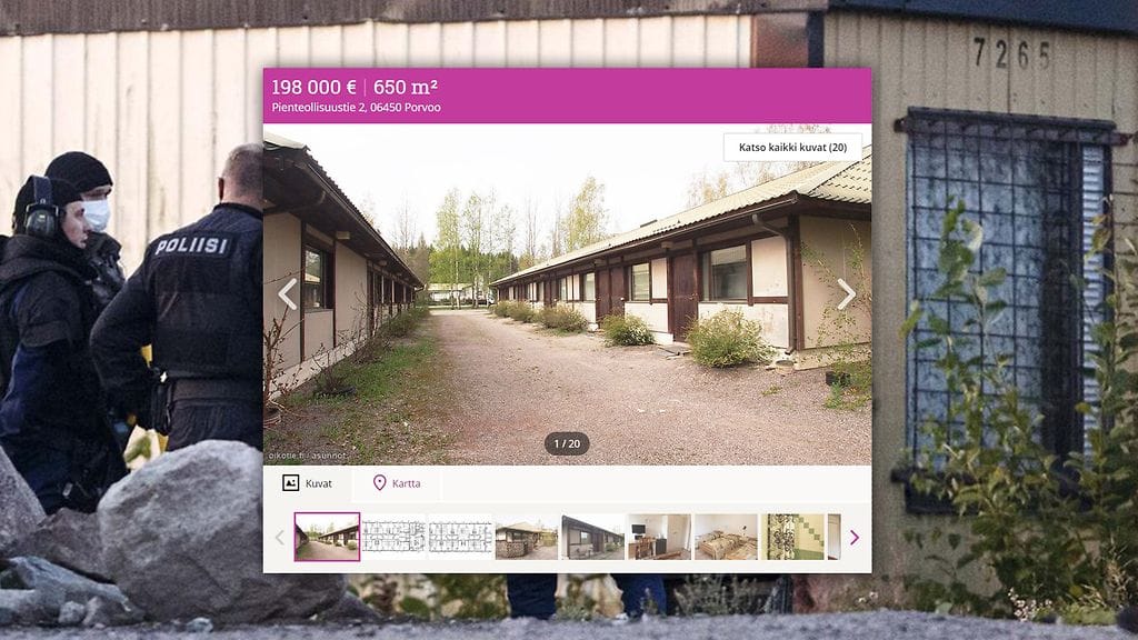 Kuvakaappaus motellin myynti-ilmoituksesta Oikotie.fi -palvelussa. Taustalla kuvaa poliisista suorittamassa tutkintaa motellilla 25. elokuuta. Kuva: Lehtikuva / MTV Uutiset