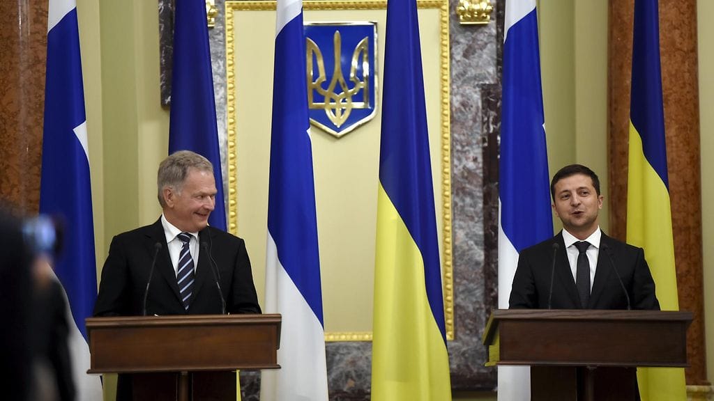 residentti Sauli Niinistö ja Ukrainan presidentti Volodymyr Zelensky yhteisessä lehdistötilaisuudessaan Mariinski-palatsissa Kiovassa, Ukrainassa, 12. syyskuuta 2019.