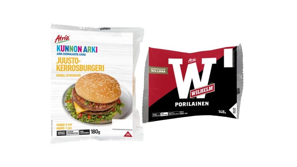 Atria Suomi Oy vetää takaisin tuotteet Atria Kunnon Arki Juustokerrosburgeri 180g ja Atria Wilhelm Porilainen 148g.