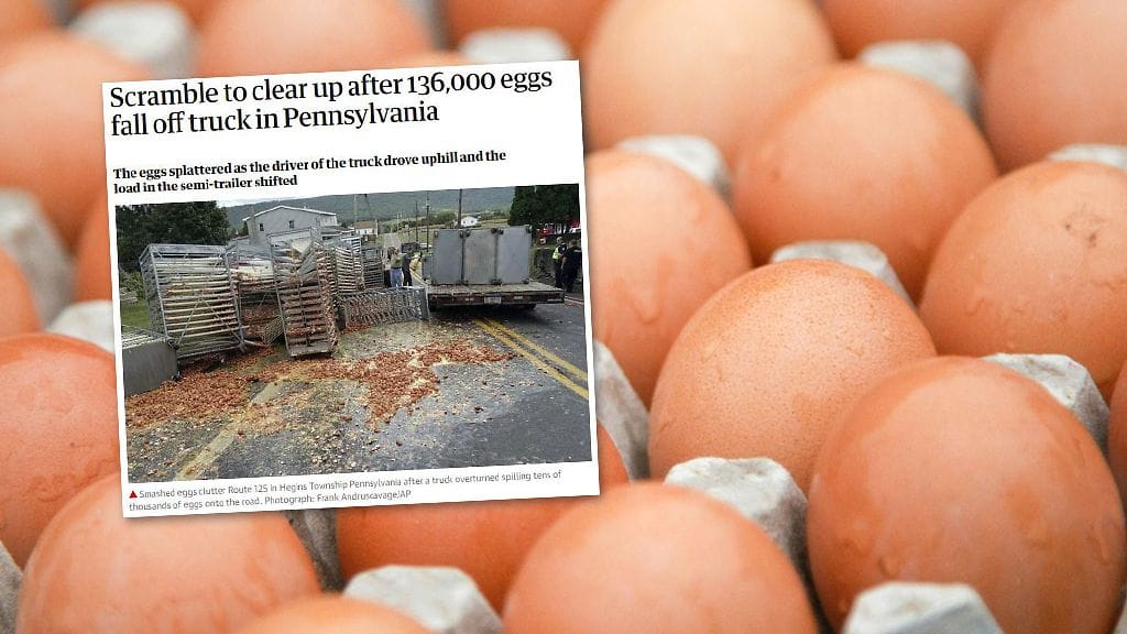 Yli 136 000 kananmunaa levisi pitkin maantietä, kun 66-vuotiaan rekkakuskin ohjaileman rekan lasti pääsi liikkumaan Pennsylvaniassa Yhdysvalloissa.