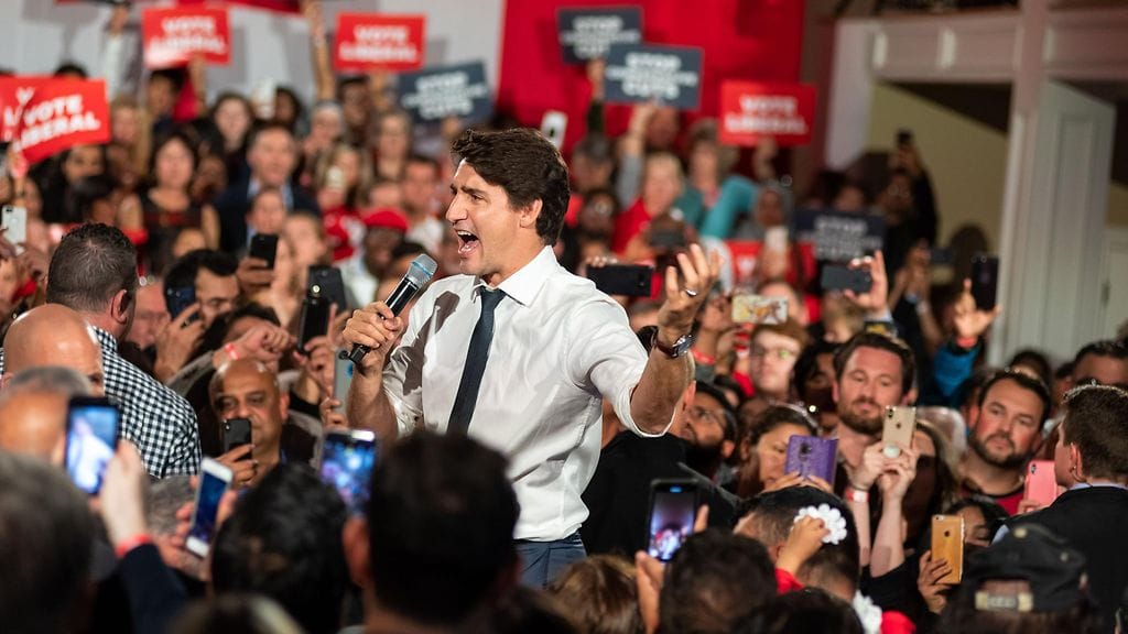 Kanada pääministeri Justin Trudeau vaalitilaisuudessa Miltonin kaupungissa 20. lokakuuta 2019.