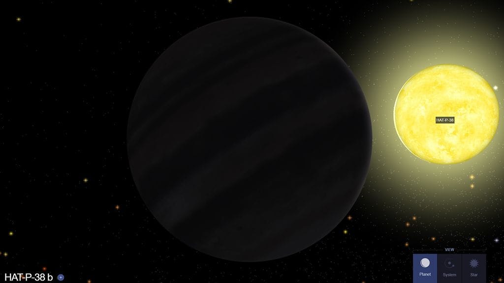 Kuvassa Auringon kaltainen tähti HAT-P-38 ja sitä kiertävä kaasuplaneetta HAT-P-38b. Tälle kaksikolle suomalaiset saavat keksiä nimiyhdistelmän. Kuva: Nasa.