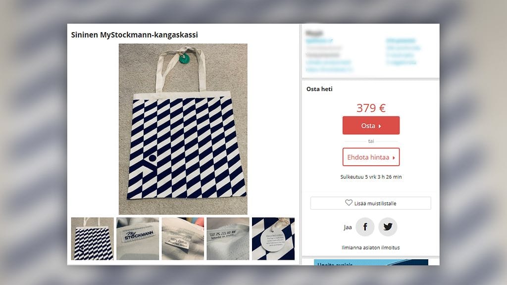 Sinisen MyStockmann-kangaskassin noutaja oli valmis luopumaan siitä välittömästi.