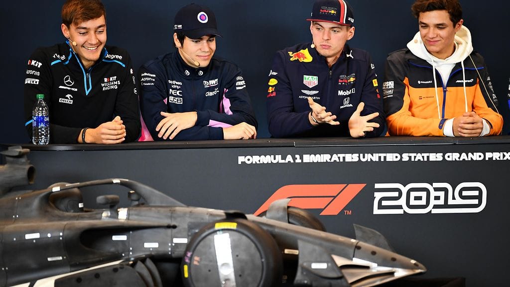 George Russell, Lance Stroll, Max Vertappen ja Lando Norris kommentoivat uutta luonnosta vuoden 2021 F1-autoista Austinin lehdistötilaisuudessa.