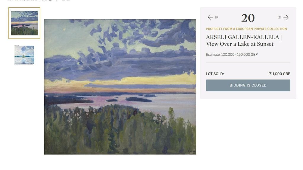 Akseli Gallen-Kallelan maalaus myytiin lokakuussa Sotheby's-huutokaupassa Lontoossa 711 000 punnalla, uutisoi Helsingin Sanomat. Maalauksen hinta euroina on 790 204 euroa.