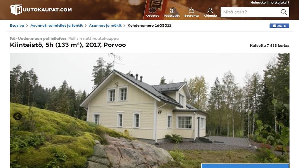 Kuvakaappaus Huutokaupat.com -sivustolta, jossa Aarnion entinen talo on myynnissä.