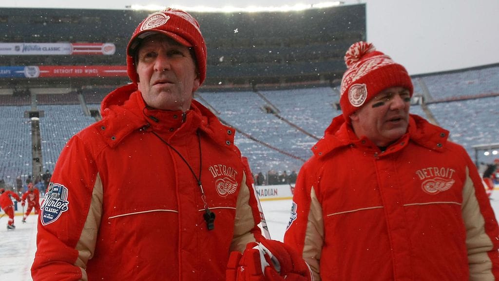 Mike Babcock ja Bill Peters Detroit-luotseina joulukuussa 2013.