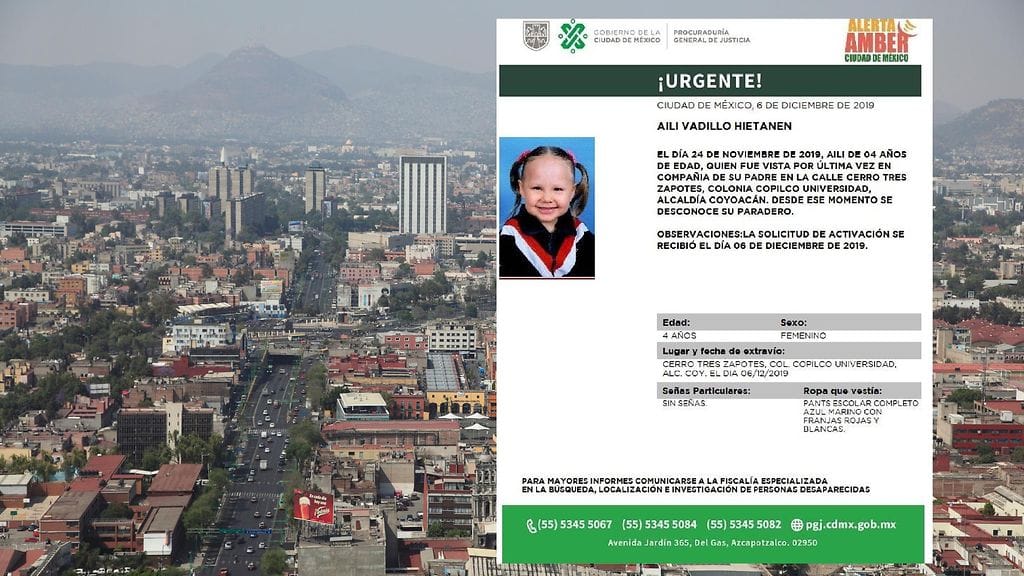 Lapsesta tehdyn katoamisilmoituksen mukaan tyttö on nähty viimeksi kaksi viikkoa sitten Meksikon pääkaupungissa.