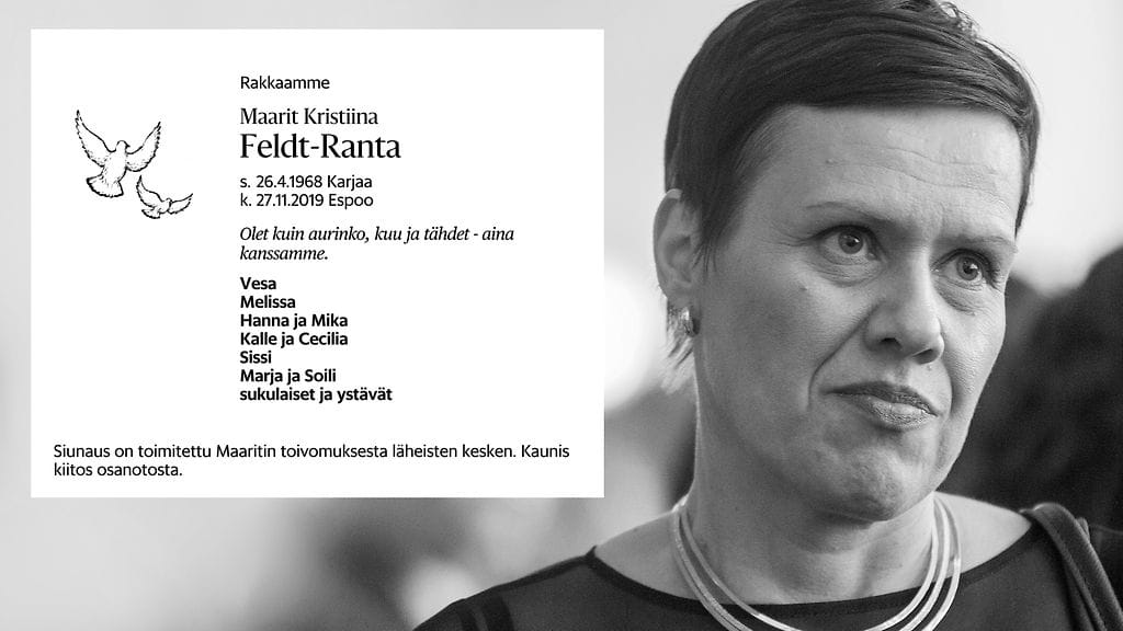 Maarit Feldt-Ranta siunattiin eilen haudan lepoon Karjaalla. Kuvakaappaus: HS