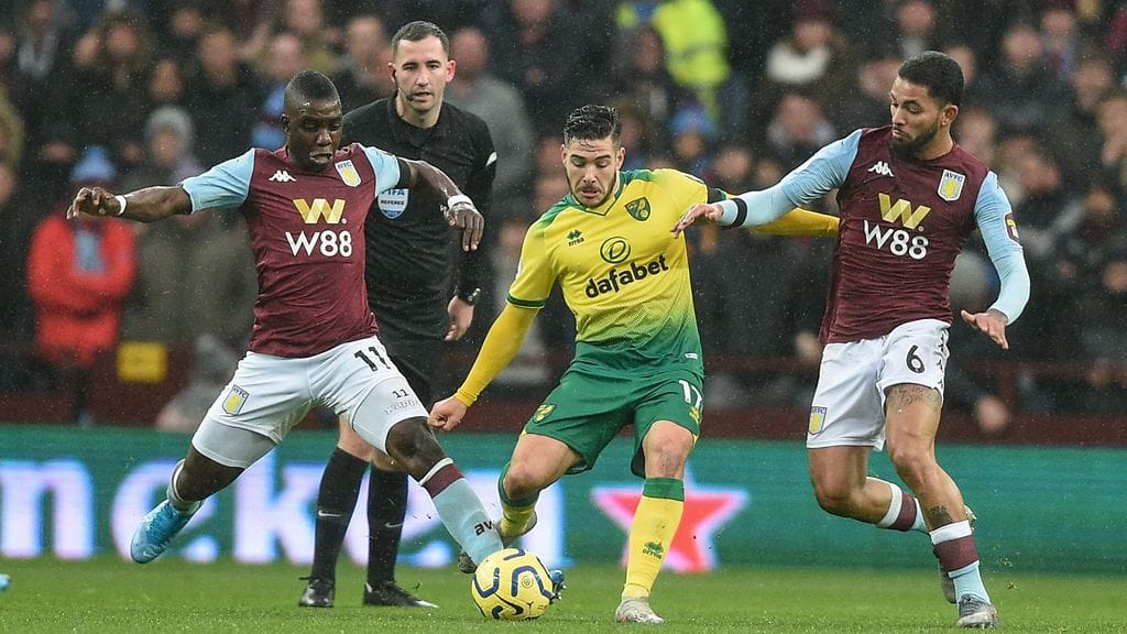 Emiliano Buendia lukeutui Norwichin parhaisiin Aston Villaa vastaan.