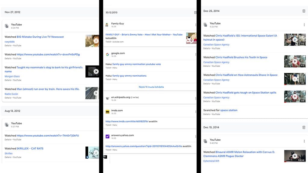 Kuvakaappauksia Googlen MyActivitysta
