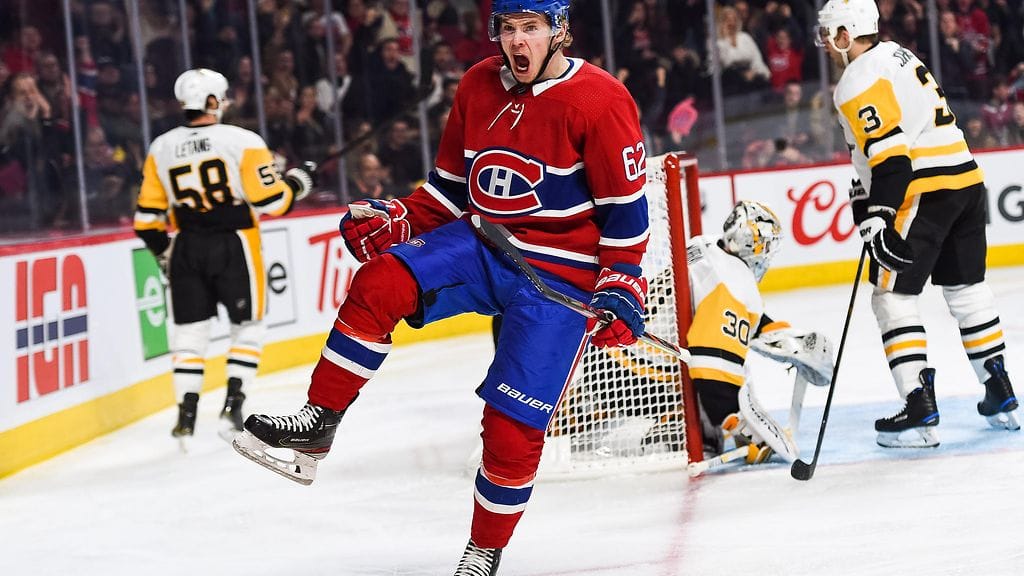 Artturi Lehkonen tuuletti osumaa Pittsburgh Penguinsia vastaan.