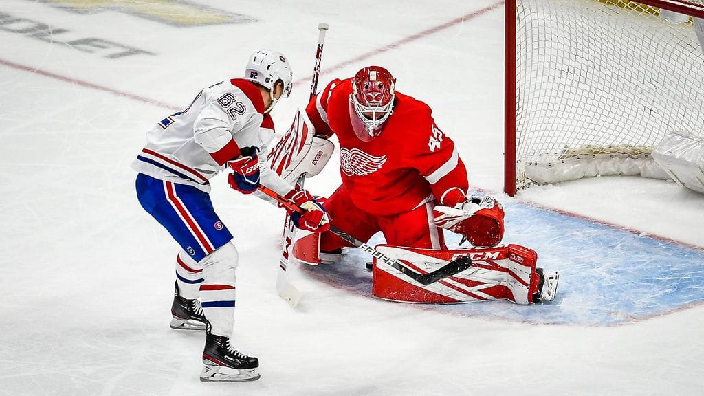 Artturi Lehkonen osui läpiajosta Detroit Red Wingsiä vastaan.