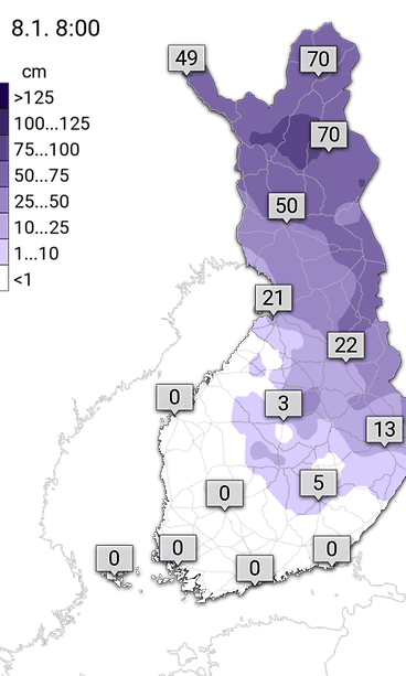 Lumikartta 8.1.2020 Ilmatieteen laitos