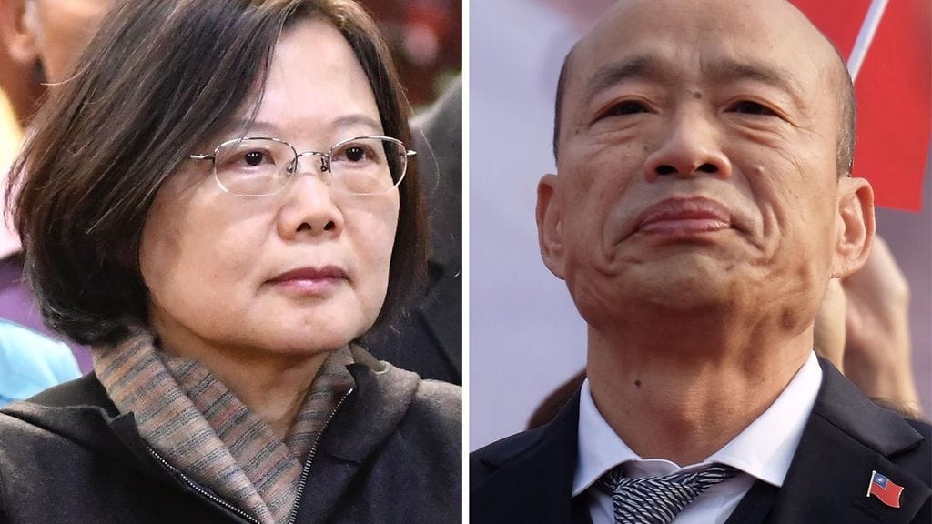 Vasemmalla istuva presidentti Tsai Ing-wen, ja oikealla hänen haastajansa Han Kuo-yu.