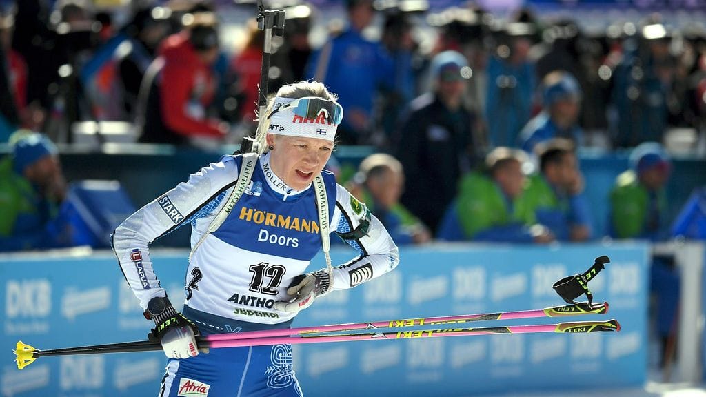 Kaisa Mäkäräinen Anterselvan MM-maisemissa.