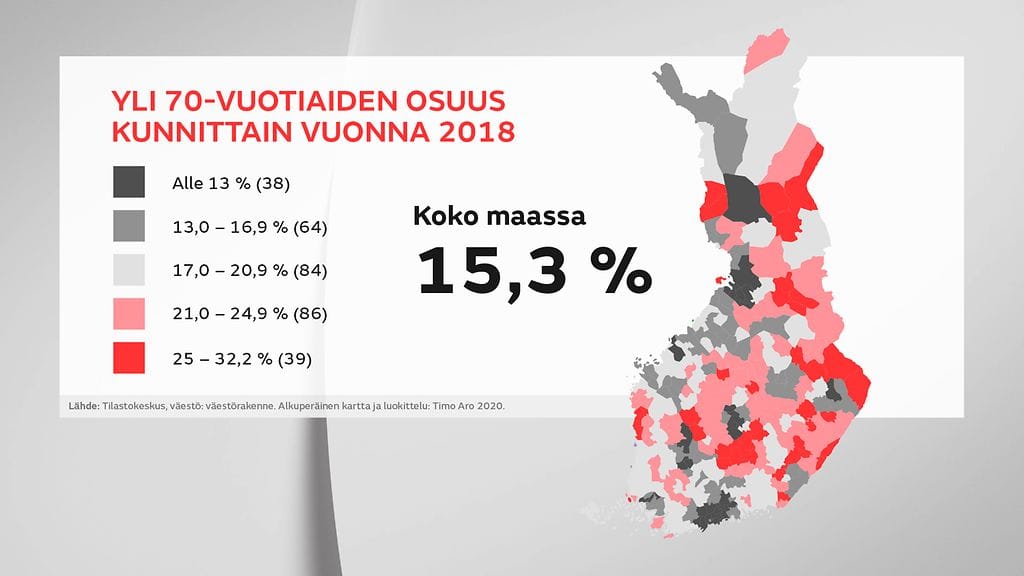 Kartta kunnista, joissa eniten vanhuksia