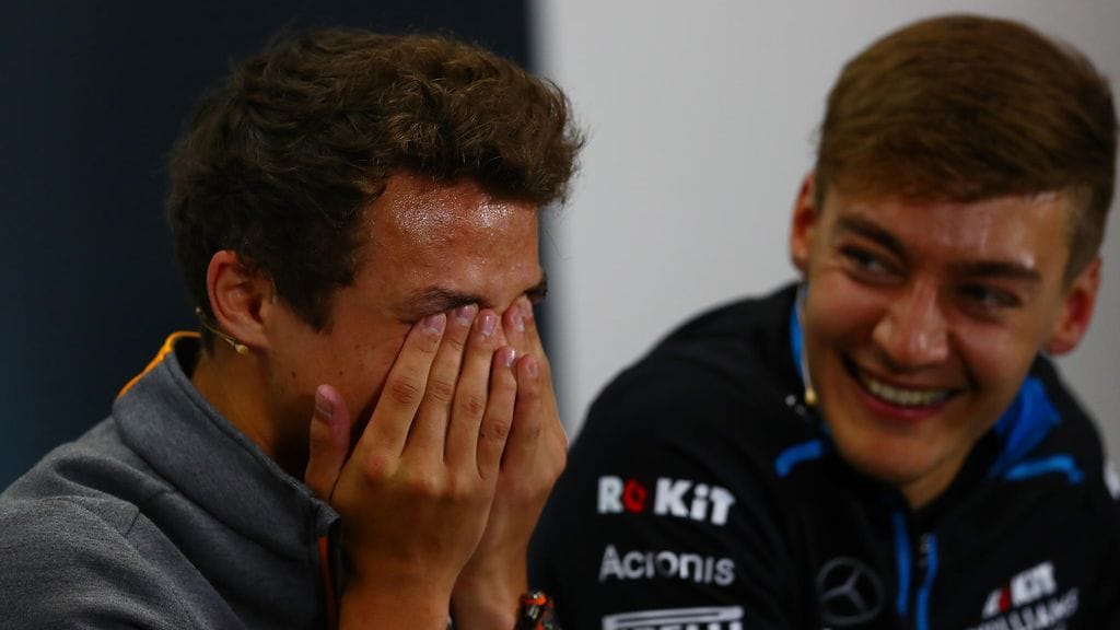 Lando Norris räkätti vuoden 2019 lehdistötilaisuudessaan Daniel Ricciardon vitsille.